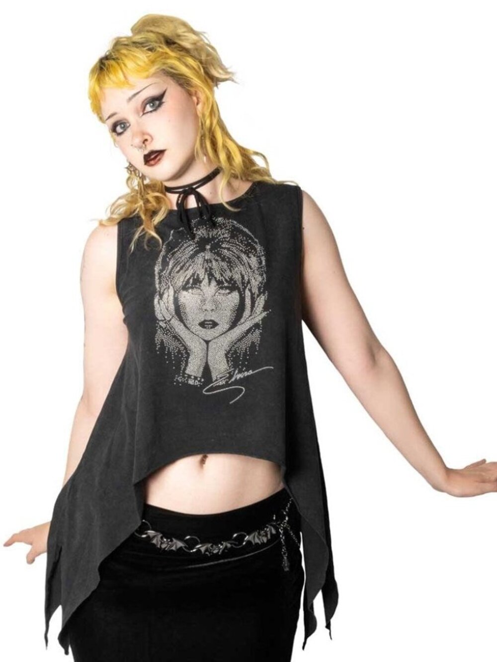 NWT Kreepsville 666 Elvira Studded Portrait Shark Bite Hem Crop Tank Top S-XXXL